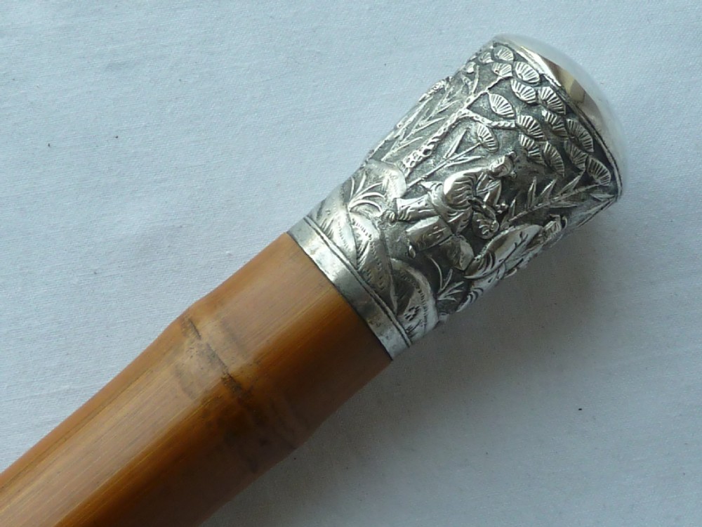 Chinese Export Silver Top Walking Stick Cane Square Bamboo