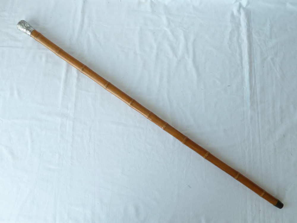 Chinese Export Silver Top Walking Stick Cane Square Bamboo View II