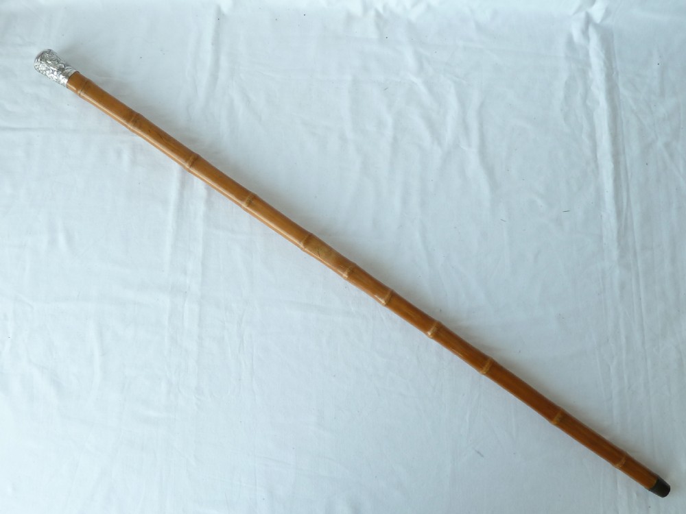 Chinese Export Silver Top Walking Stick Cane Square Bamboo View III