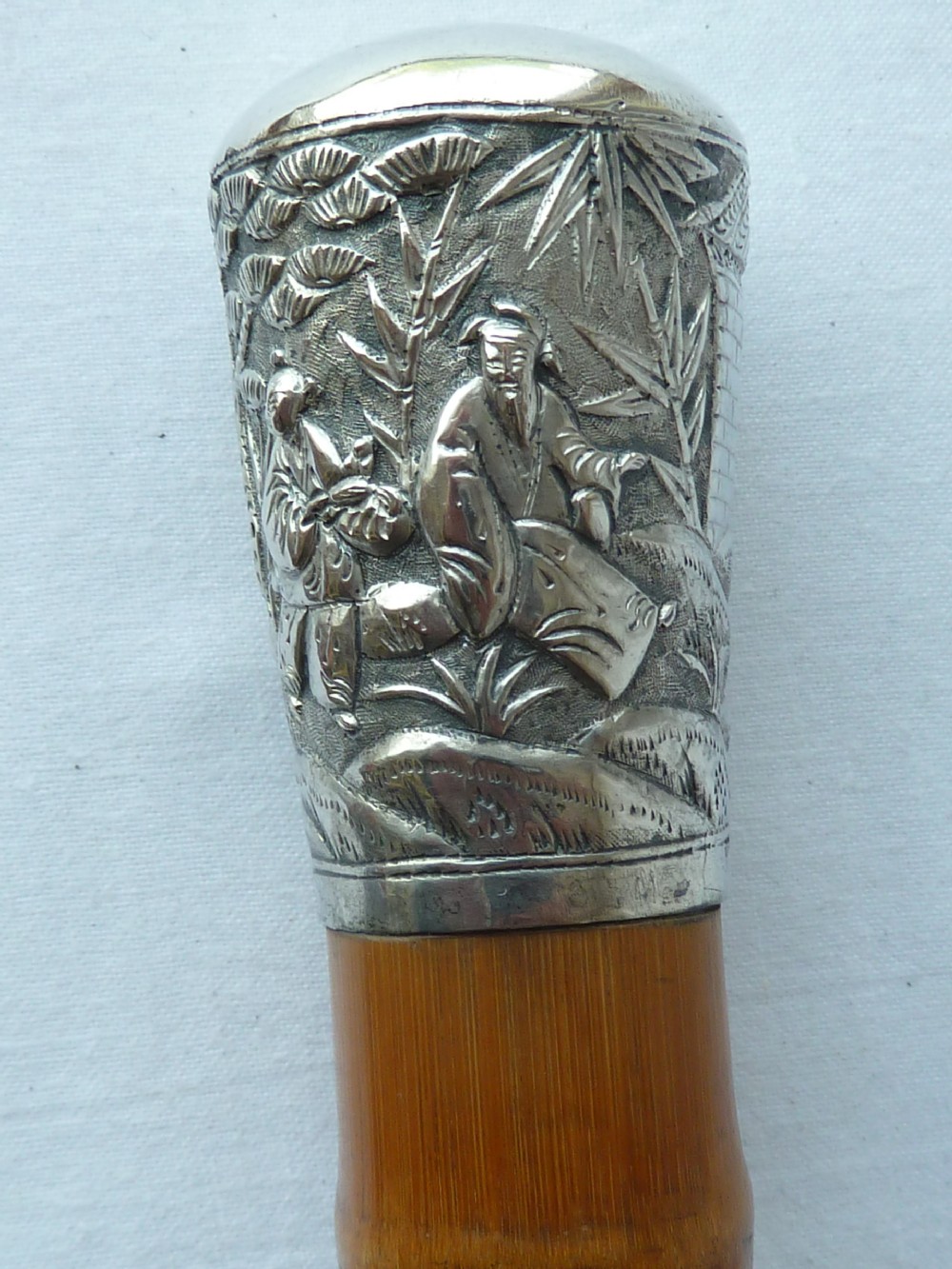 Chinese Export Silver Top Walking Stick Cane Square Bamboo View IV