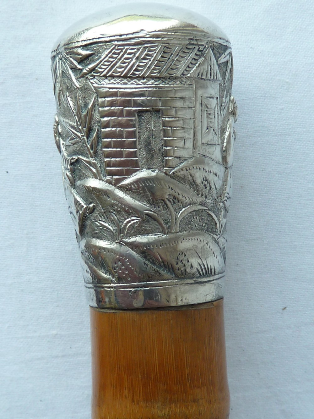 Chinese Export Silver Top Walking Stick Cane Square Bamboo View V