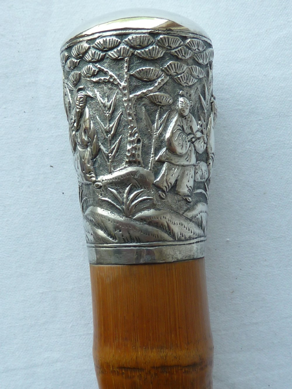 Chinese Export Silver Top Walking Stick Cane Square Bamboo View VI