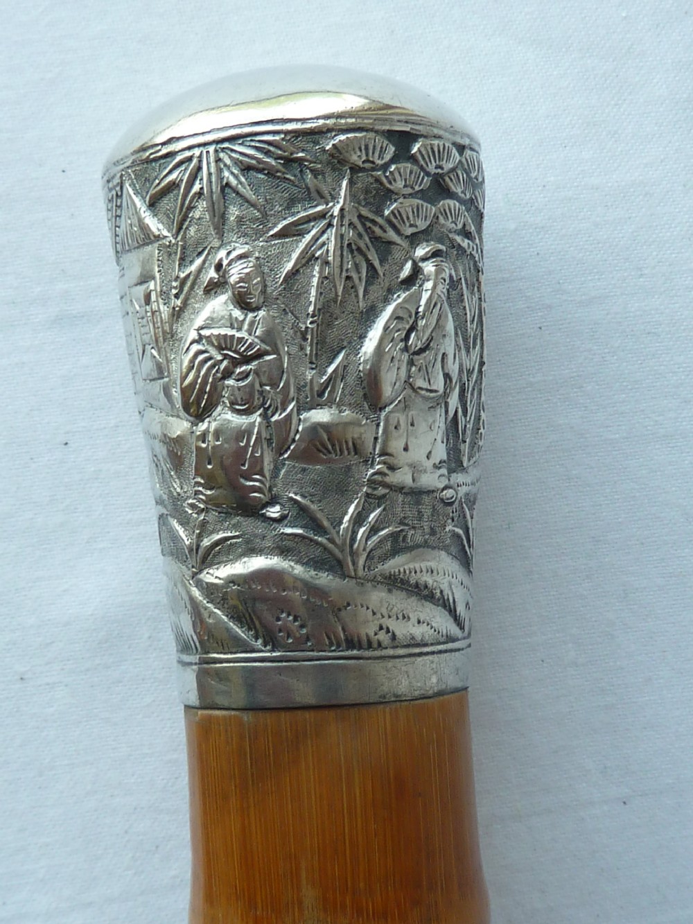 Chinese Export Silver Top Walking Stick Cane Square Bamboo View VII