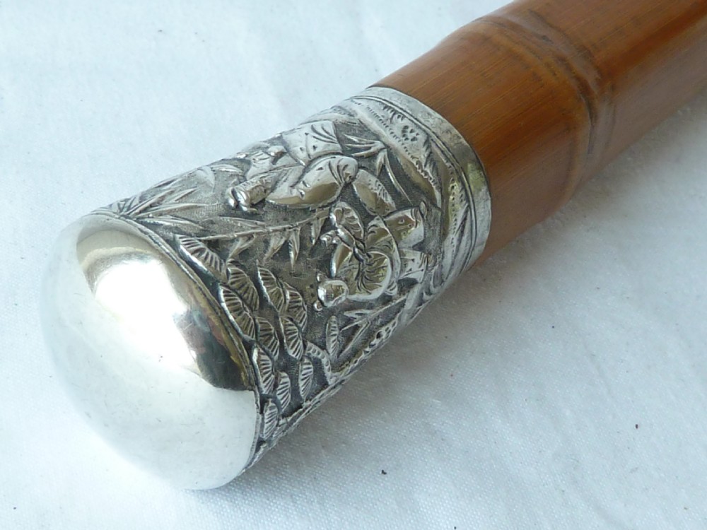 Chinese Export Silver Top Walking Stick Cane Square Bamboo View VIII
