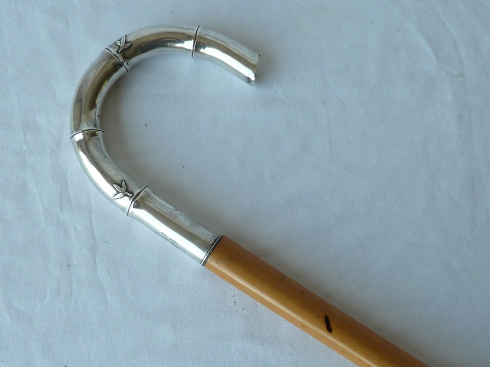 Malacca Bamboo Silver Crook Handle Walking Stick Chinese Export