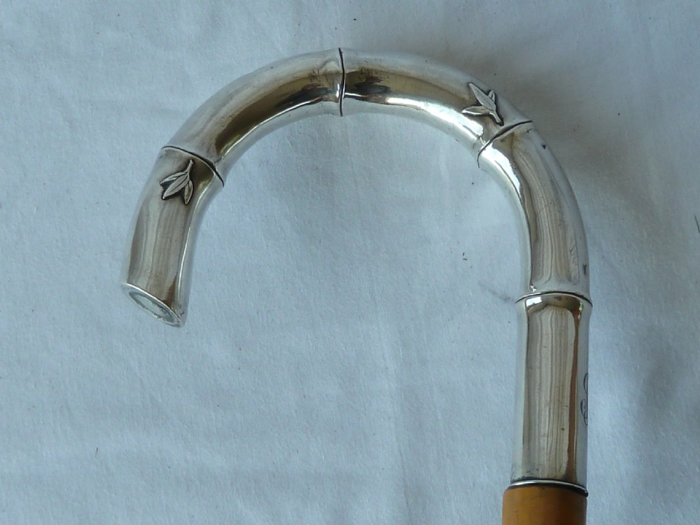 Malacca Bamboo Silver Crook Handle Walking Stick Chinese Export View VII