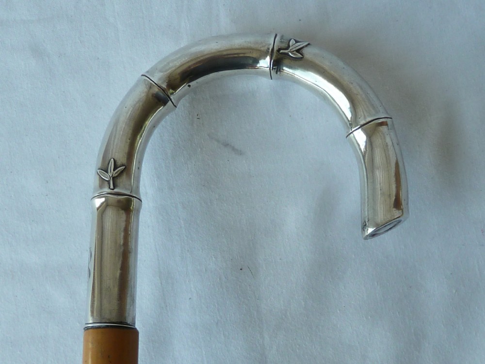 Malacca Bamboo Silver Crook Handle Walking Stick Chinese Export View VIII