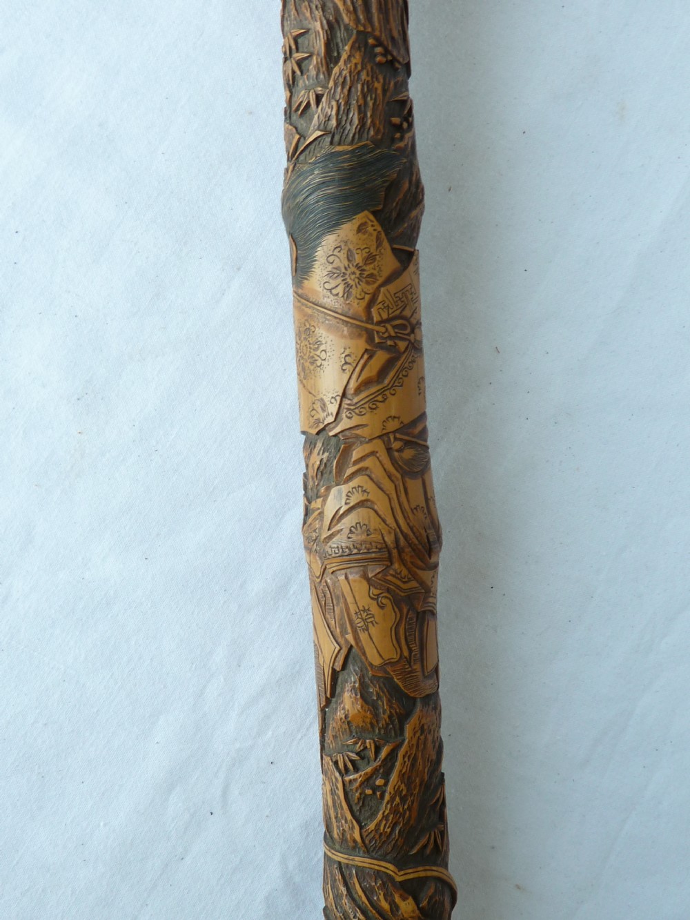Japanese Export Walking Stick Cane Carved Samurai Bamboo View VIII