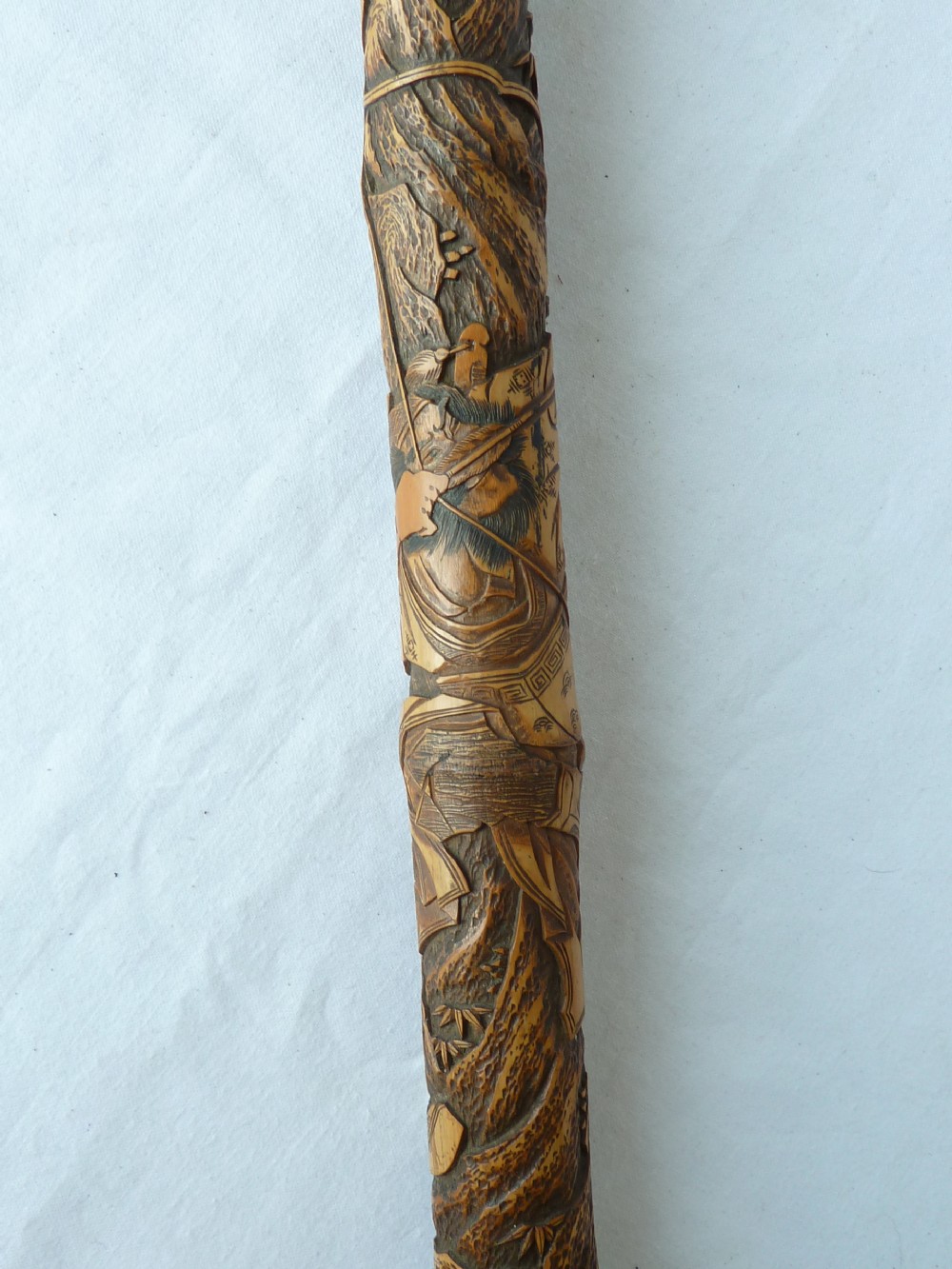 Japanese Export Walking Stick Cane Carved Samurai Bamboo View IX