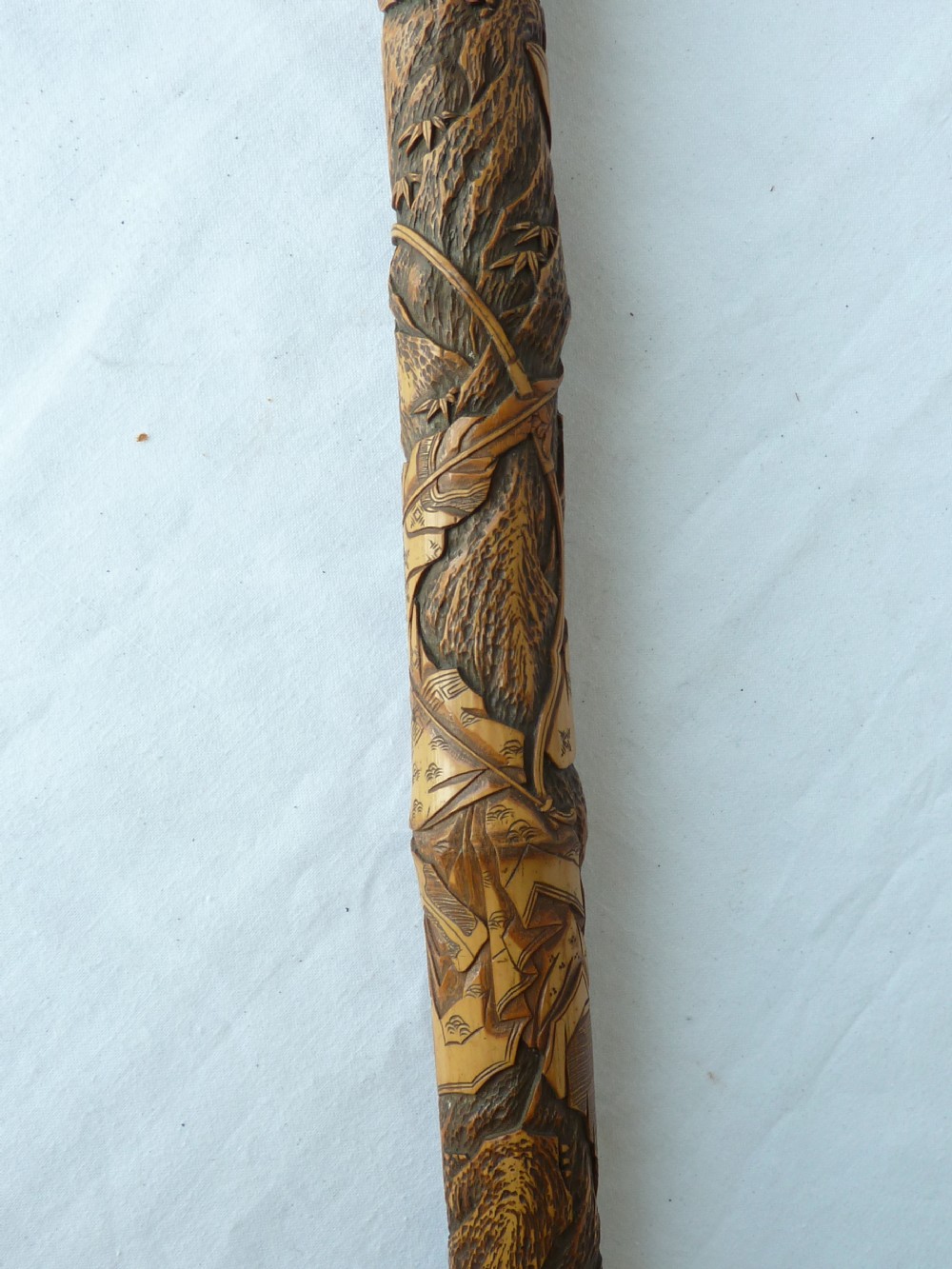 Japanese Export Walking Stick Cane Carved Samurai Bamboo View X