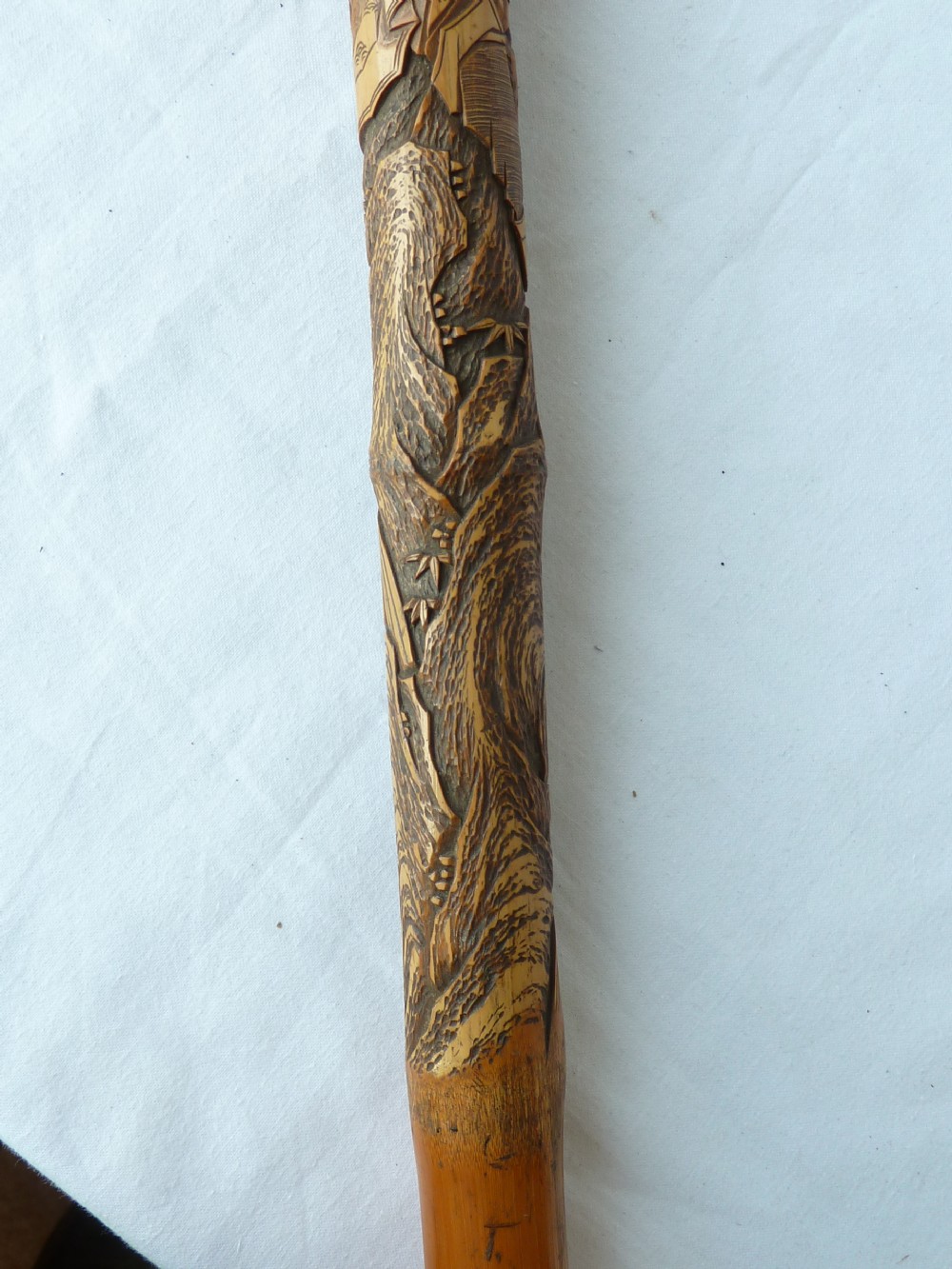 Japanese Export Walking Stick Cane Carved Samurai Bamboo View XI