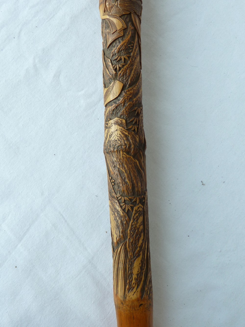 Japanese Export Walking Stick Cane Carved Samurai Bamboo View XII