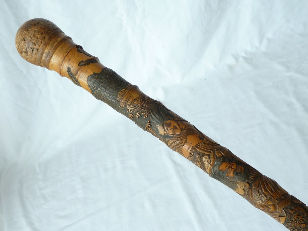 Japanese Export Walking Stick Cane Carved Samurai Bamboo View XIII