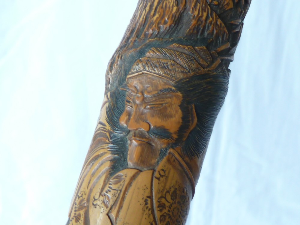 Japanese Export Walking Stick Cane Carved Samurai Bamboo View XIV