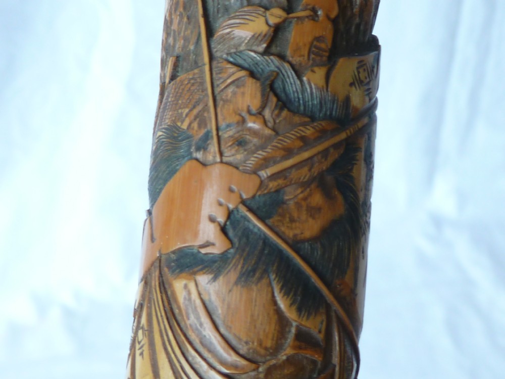 Japanese Export Walking Stick Cane Carved Samurai Bamboo View XV