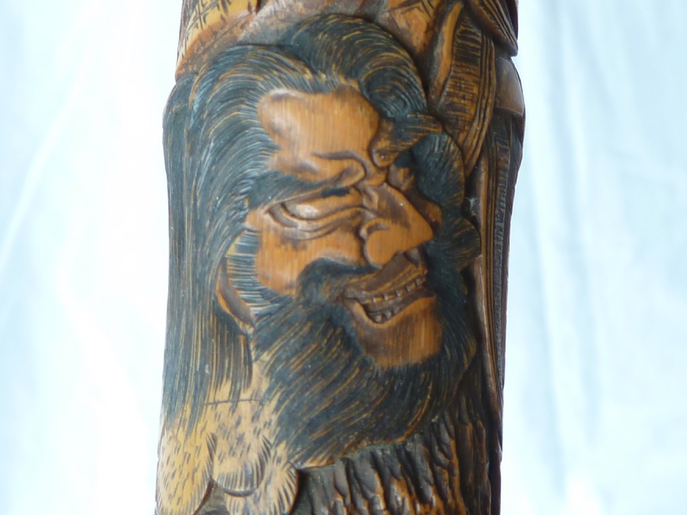 Japanese Export Walking Stick Cane Carved Samurai Bamboo View XVI