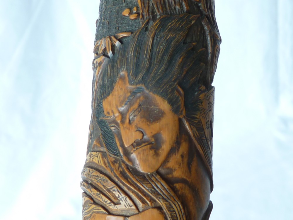Japanese Export Walking Stick Cane Carved Samurai Bamboo View XVII