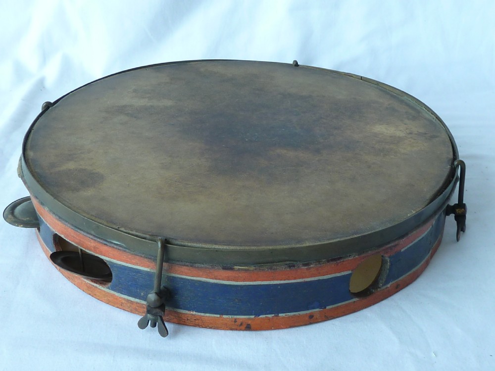 Victorian Painted Tambourine English Percussion Drum Musical Instrument View II