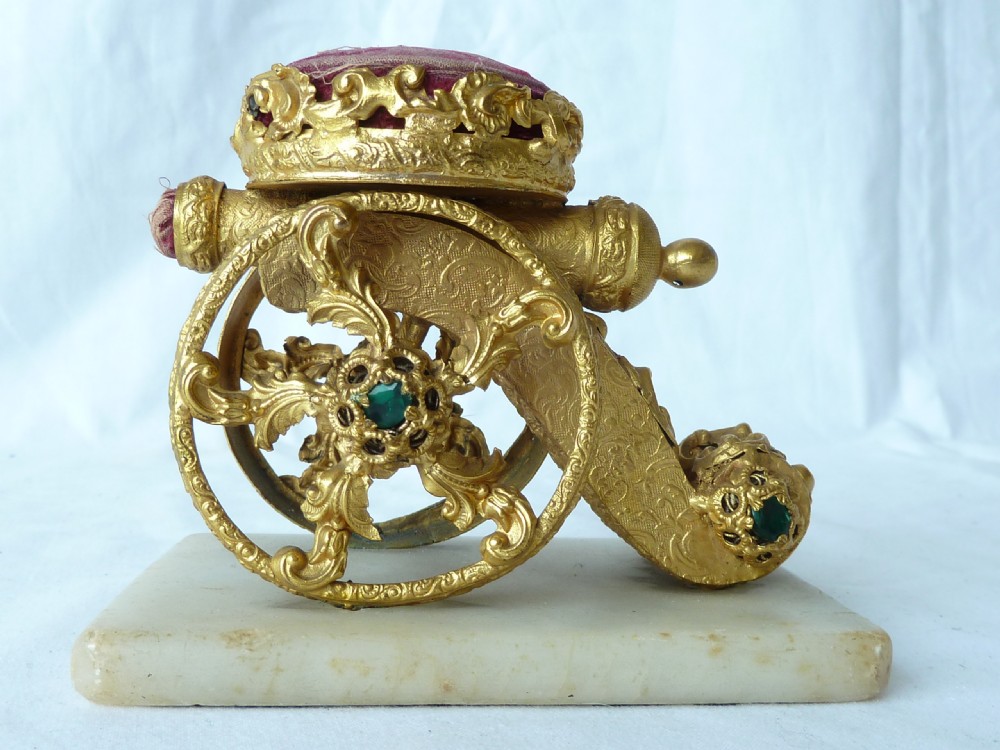 Cannon Gilt Brass Pin Cushion Jewelled Stand Palais Royal French