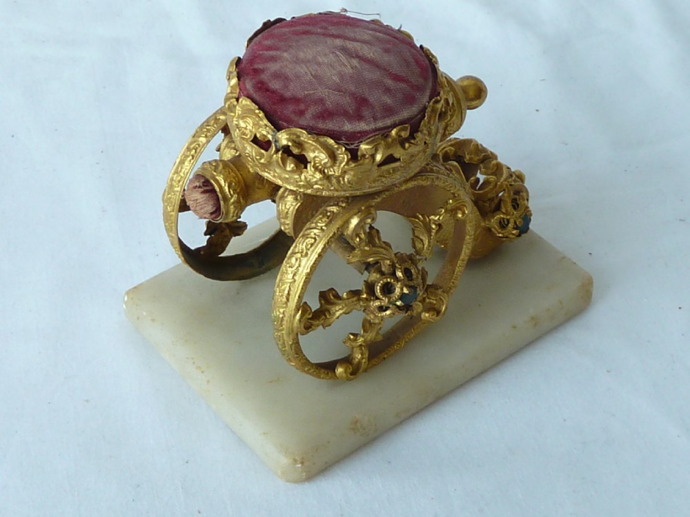 Cannon Gilt Brass Pin Cushion Jewelled Stand Palais Royal French View IV