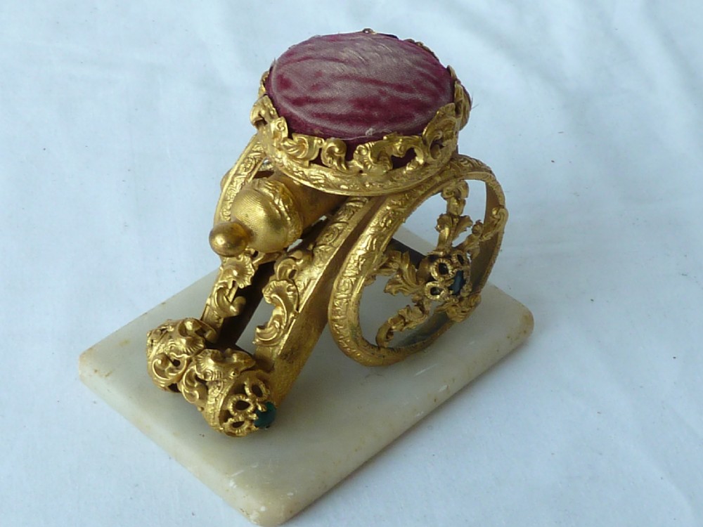Cannon Gilt Brass Pin Cushion Jewelled Stand Palais Royal French View V