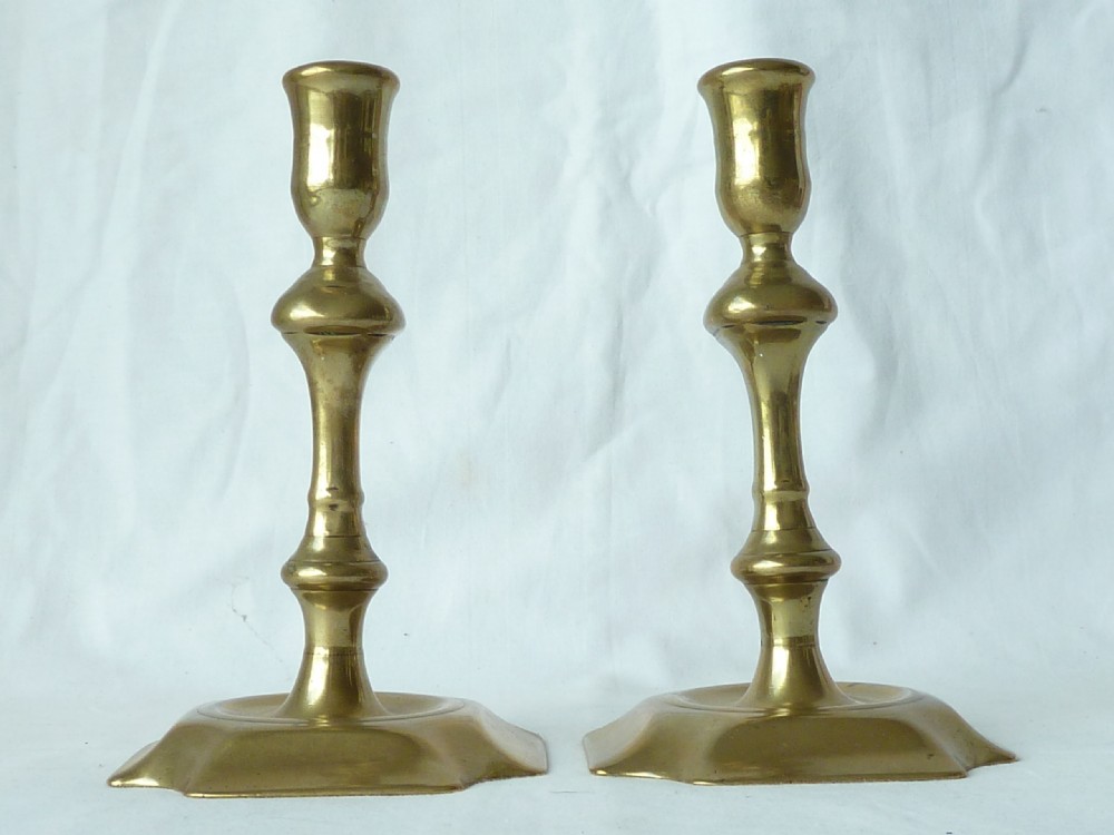 Pair English Georgian Seamed Brass Candlesticks Cut Corner Base 18C View II