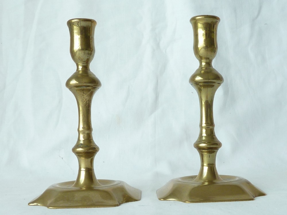 Pair English Georgian Seamed Brass Candlesticks Cut Corner Base 18C View III