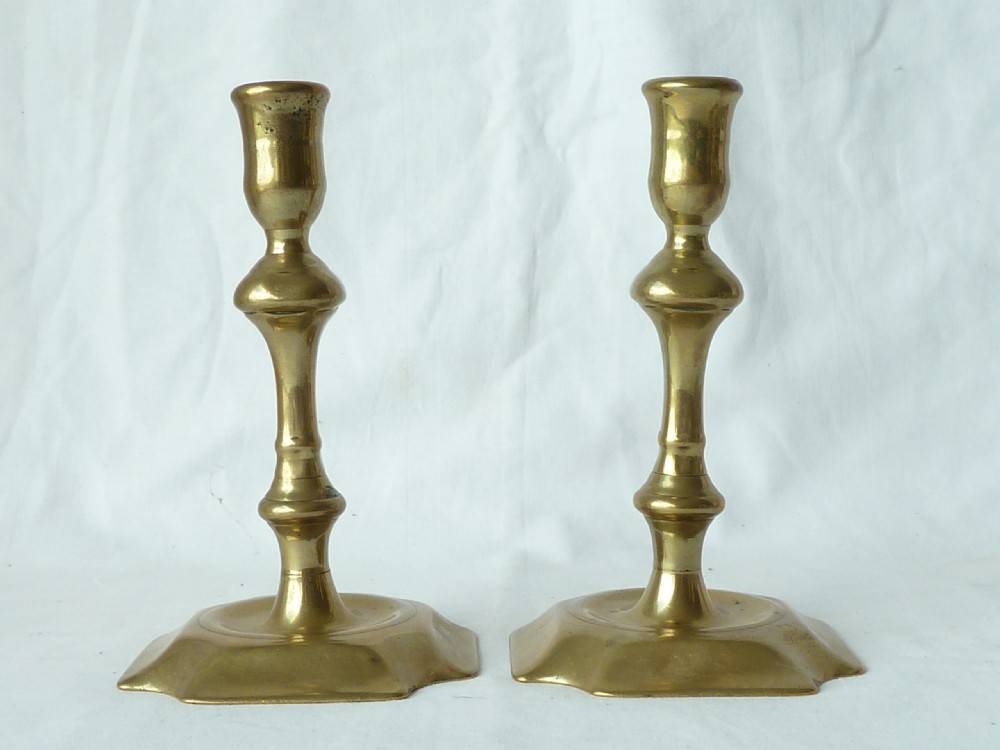 Pair English Georgian Seamed Brass Candlesticks Cut Corner Base 18C View IV