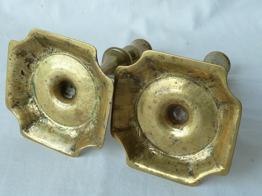 Pair English Georgian Seamed Brass Candlesticks Cut Corner Base 18C View V