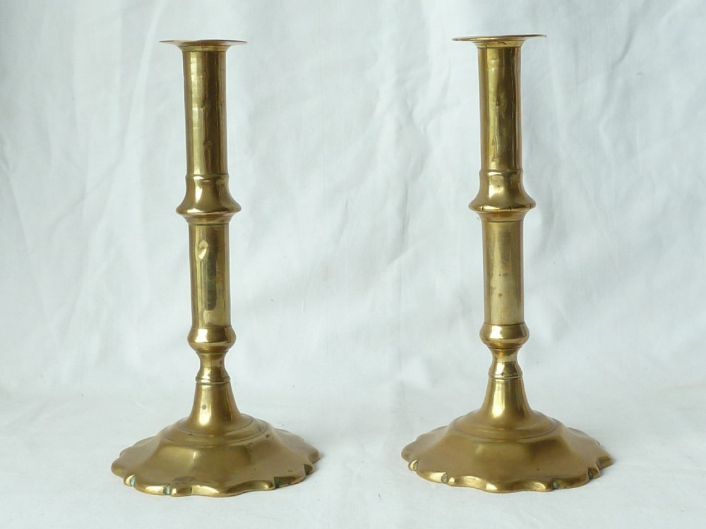 Pair English Georgian Seamed Brass Candlesticks Petal Base 18C View II