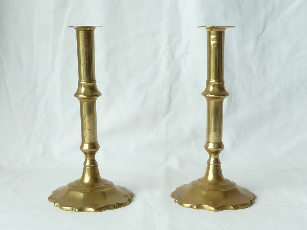 Pair English Georgian Seamed Brass Candlesticks Petal Base 18C View III
