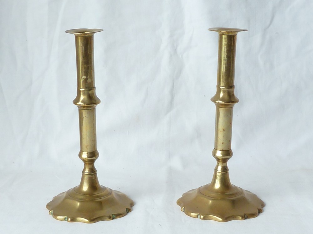 Pair English Georgian Seamed Brass Candlesticks Petal Base 18C View IV