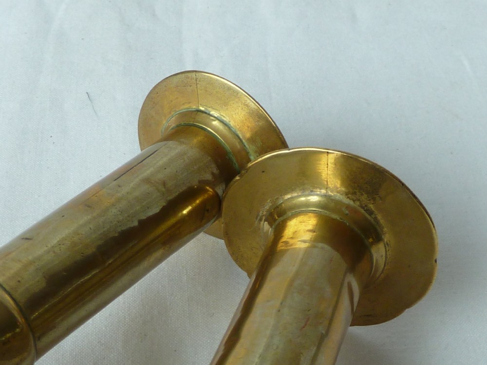 Pair English Georgian Seamed Brass Candlesticks Petal Base 18C View V