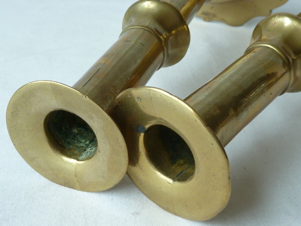Pair English Georgian Seamed Brass Candlesticks Petal Base 18C View VII