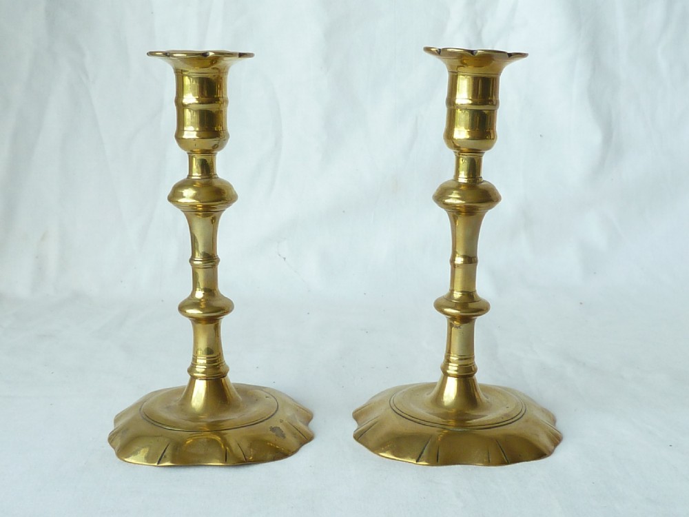 Pair English Georgian Seamed Brass Candlesticks Petal Base 18C View II