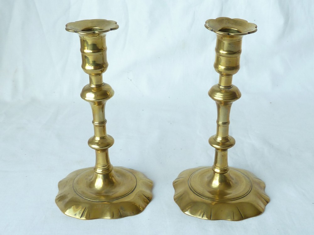 Pair English Georgian Seamed Brass Candlesticks Petal Base 18C View III
