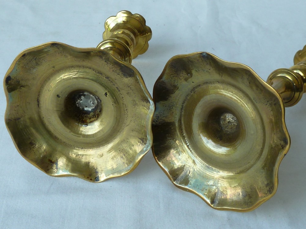 Pair English Georgian Seamed Brass Candlesticks Petal Base 18C View IV