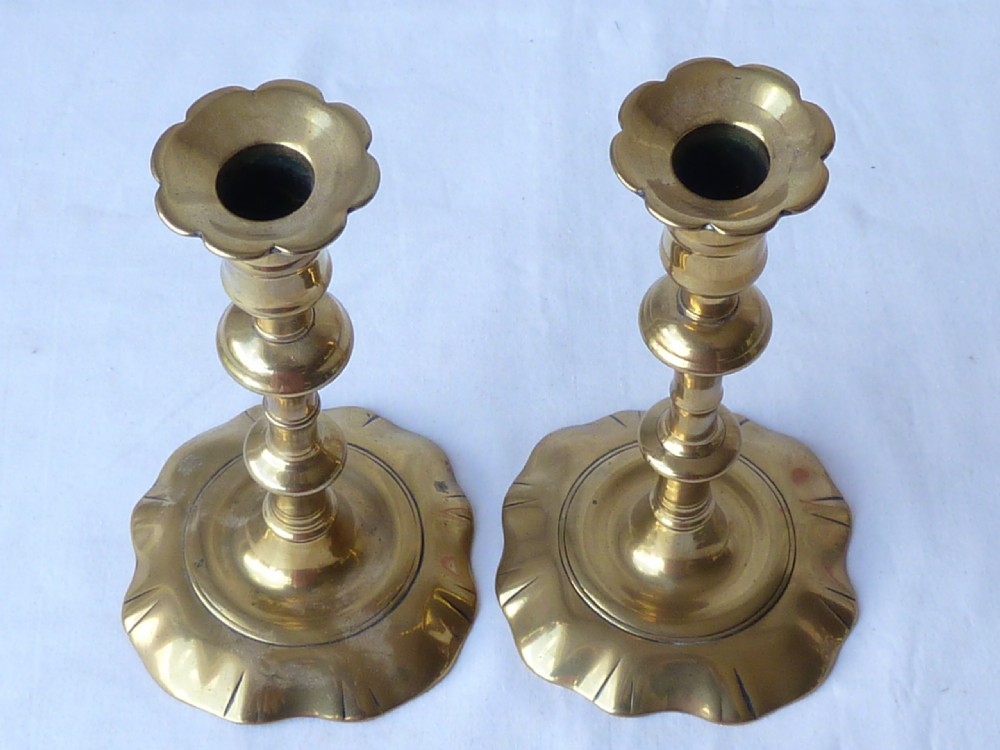 Pair English Georgian Seamed Brass Candlesticks Petal Base 18C View V