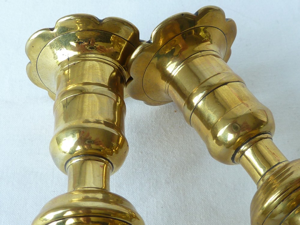 Pair English Georgian Seamed Brass Candlesticks Petal Base 18C View VI