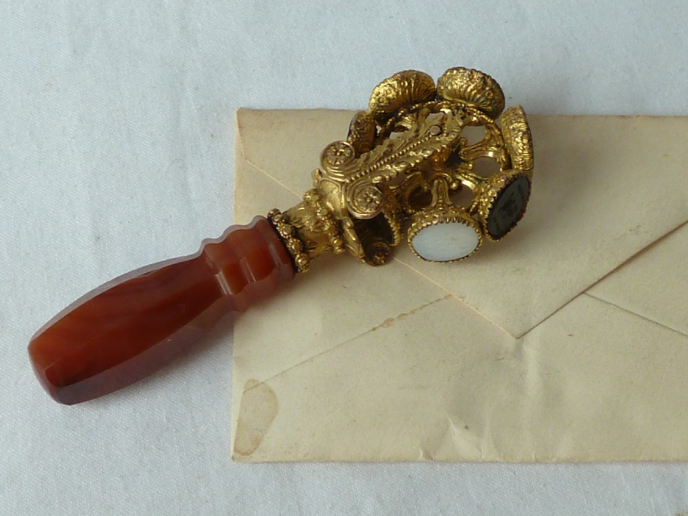 Wheel Seal Gilt Brass Agate Glass Victorian Letter Wax Intaglio View II