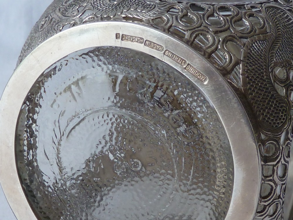Chinese Export Silver Overlay Dragon Dimple Glass Decanter Tack Hing Haig Whisky View IV