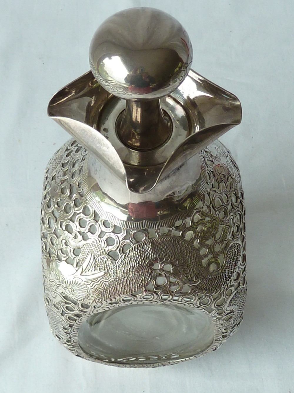 Chinese Export Silver Overlay Dragon Dimple Glass Decanter Tack Hing Haig Whisky View V