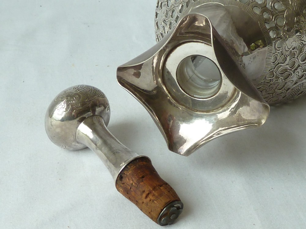 Chinese Export Silver Overlay Dragon Dimple Glass Decanter Tack Hing Haig Whisky View VI