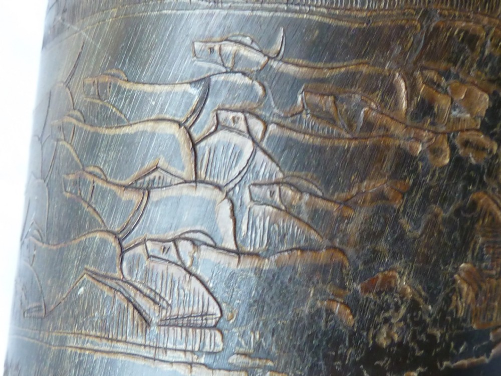 Scrimshaw Engraved Horn Cup Fox Hunt Hounds Late Georgian Early Victorian View VIII