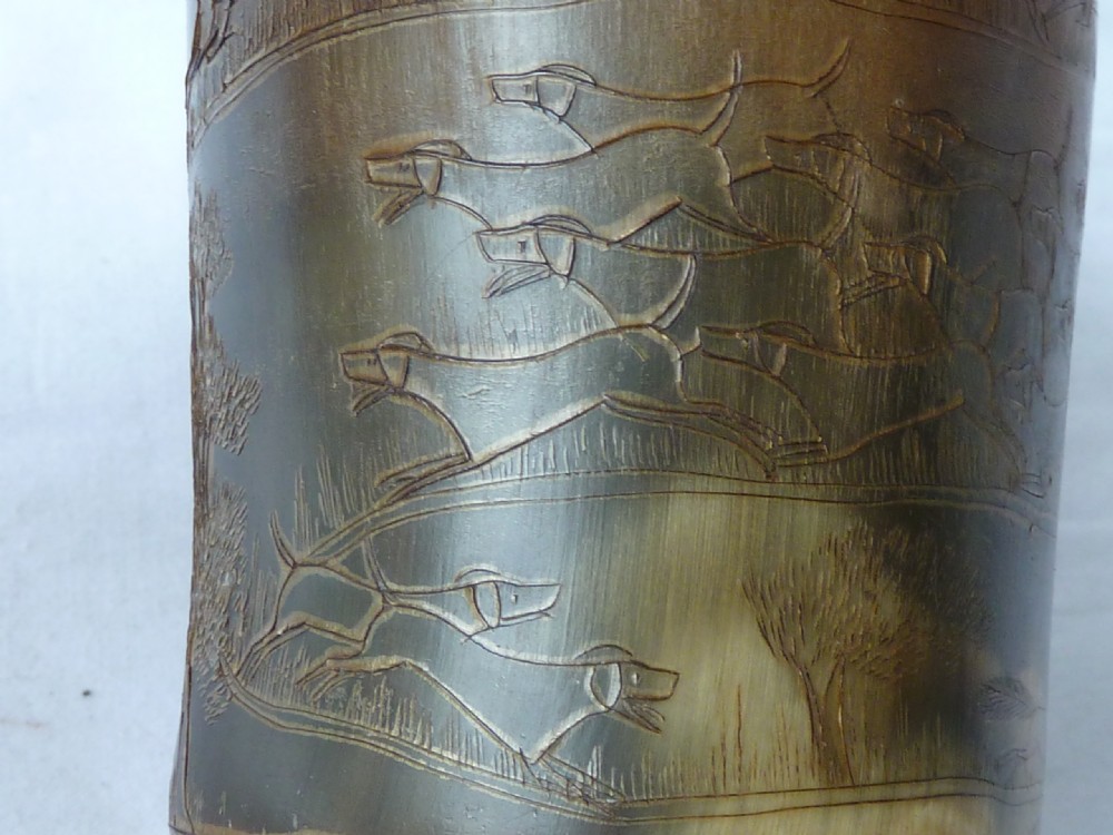 Scrimshaw Engraved Horn Cup Fox Hunt Hounds Late Georgian Early Victorian View X