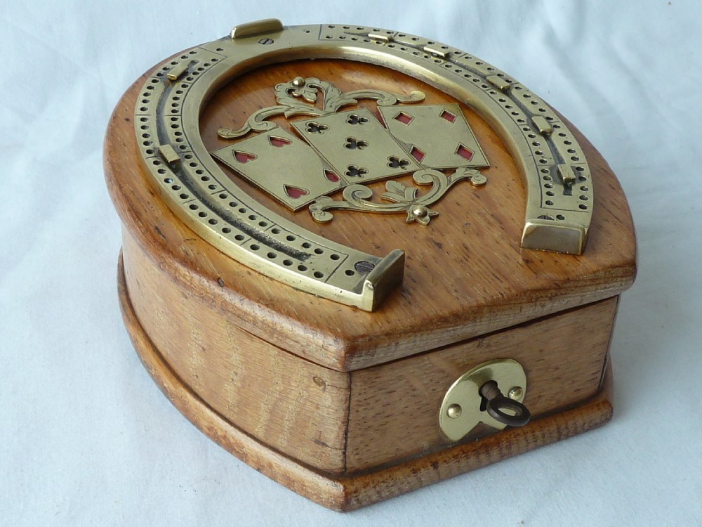 Horse Shoe Playing Cards Box Cribbage Board Crib Brass Oak Victorian