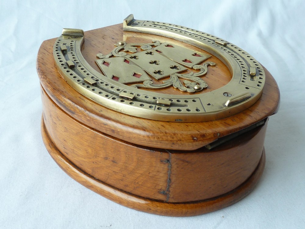 Horse Shoe Playing Cards Box Cribbage Board Crib Brass Oak Victorian View II