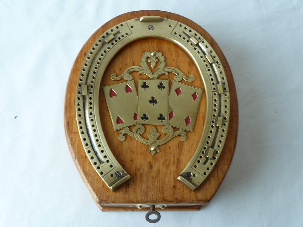 Horse Shoe Playing Cards Box Cribbage Board Crib Brass Oak Victorian View III