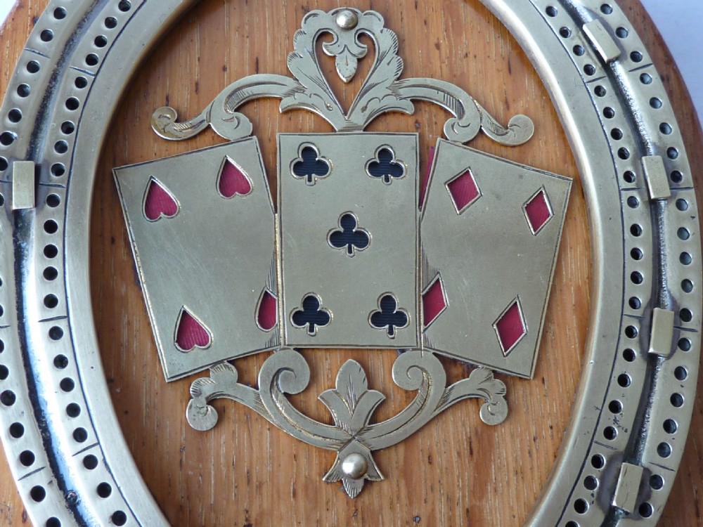 Horse Shoe Playing Cards Box Cribbage Board Crib Brass Oak Victorian View IV