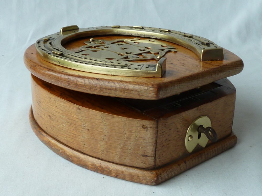 Horse Shoe Playing Cards Box Cribbage Board Crib Brass Oak Victorian View VII